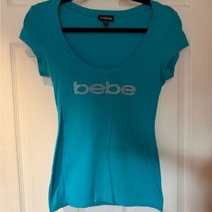 BEBE Rhinestone Logo Scoop Neck Tee